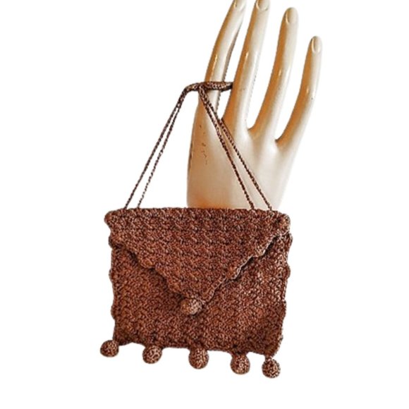 Antique Handbags - Antique Edwardian 1900s Brown Crocheted Vintage Small Handbag Purse Reticule